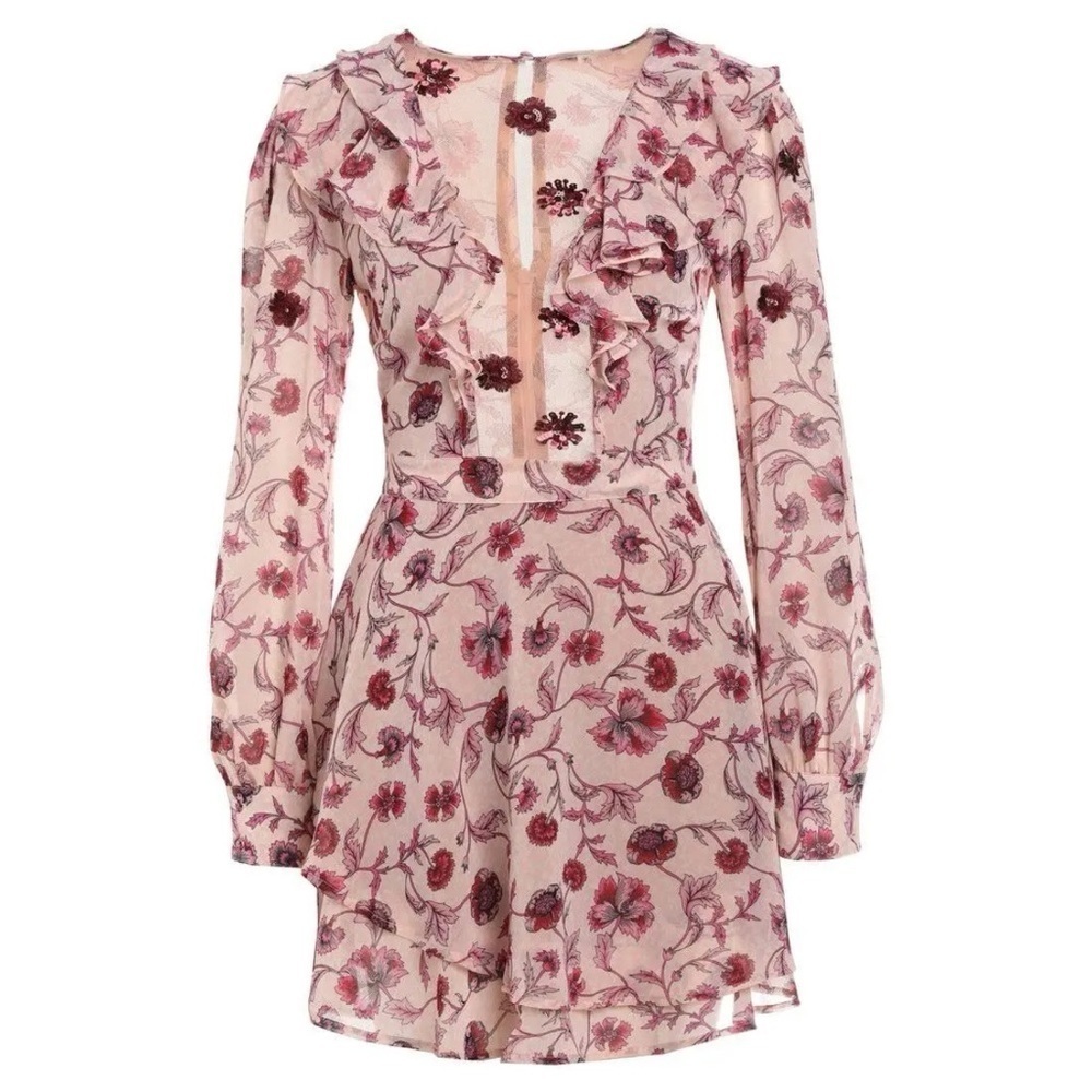 NWT For Love & Lemons Agnes Floral Plunge Mini Dress in Soft Rose XS - Picture 14 of 15